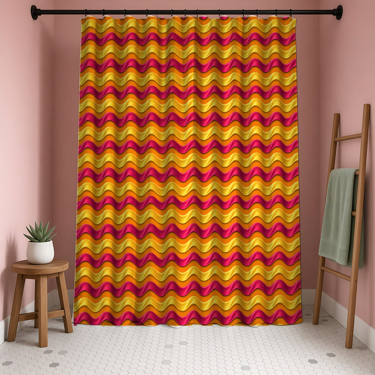 Satin Wave Bands Shower Curtain in a blush-pink bathroom