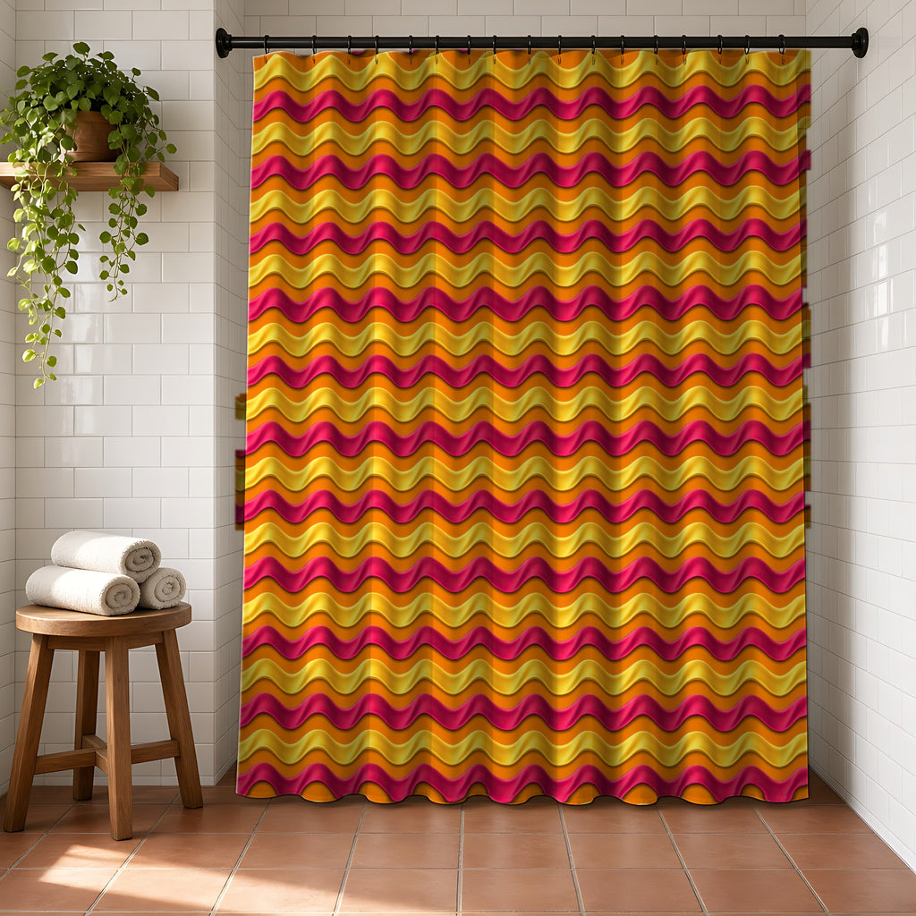 Satin Wave Bands Shower Curtain in a bright bathroom with white tiles and a terracotta floor