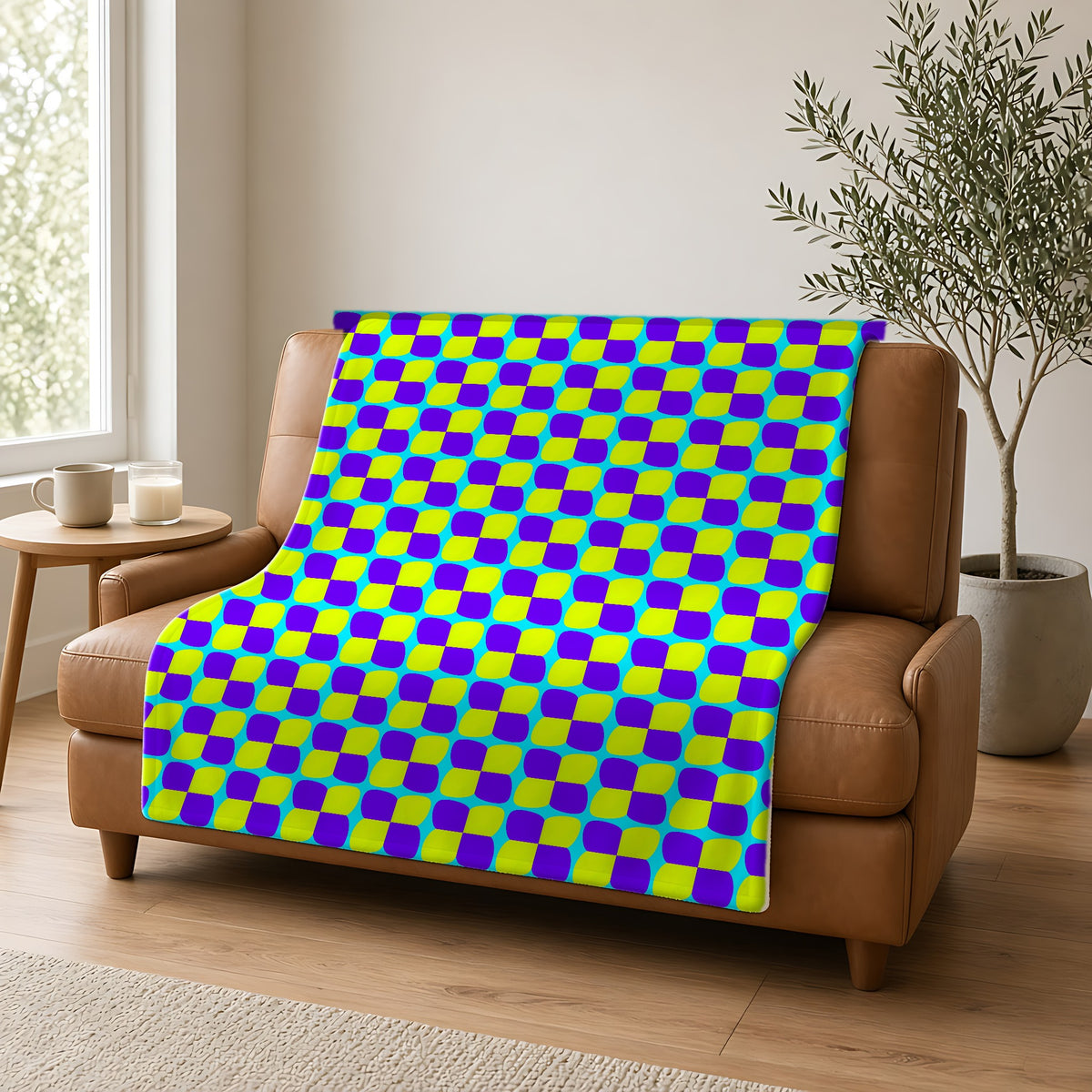 Bold Bulge Checker Sherpa Fleece Blanket draped over a caramel leather sofa