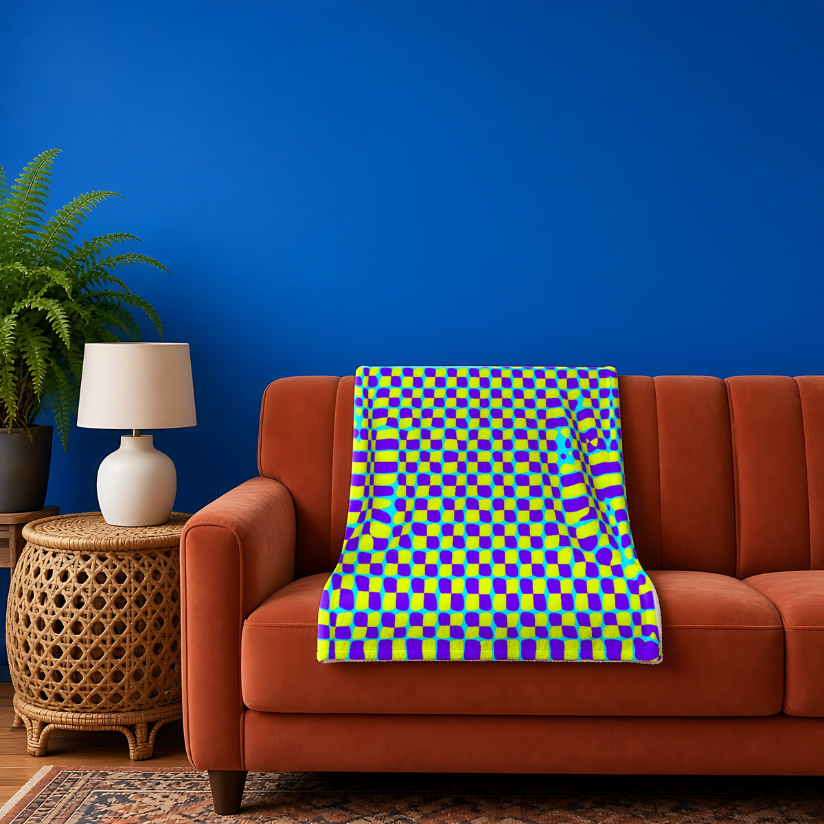 Bold Bulge Checker sherpa fleece blanket in the Chromatic Ripple palette, draped over a rust sofa against a cobalt wall