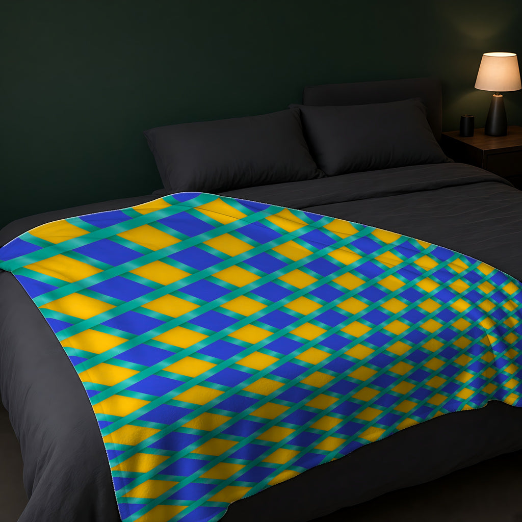Broad Gold Diamond Trellis Sherpa Fleece Blanket across the foot of a dark bed
