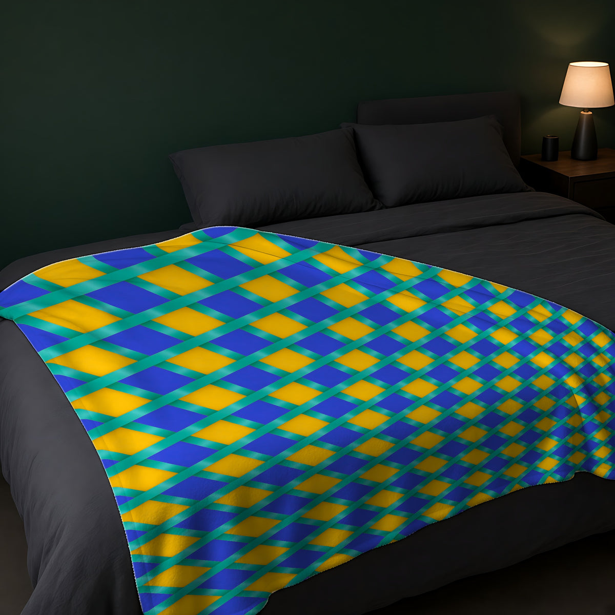Broad Gold Diamond Trellis Sherpa Fleece Blanket across the foot of a dark bed