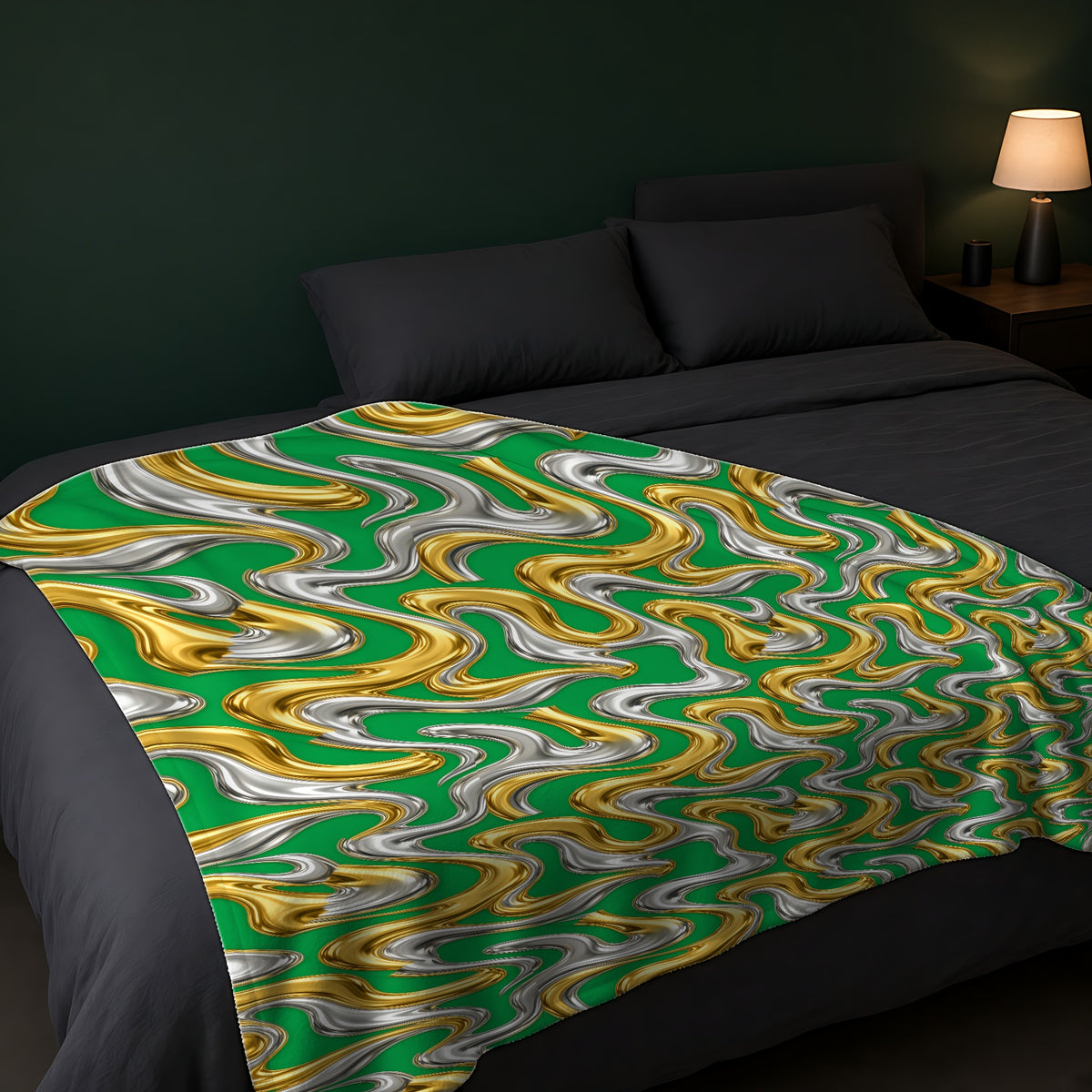 Broad Melting Gold Ribbons Sherpa Fleece Blanket across the foot of a dark bed