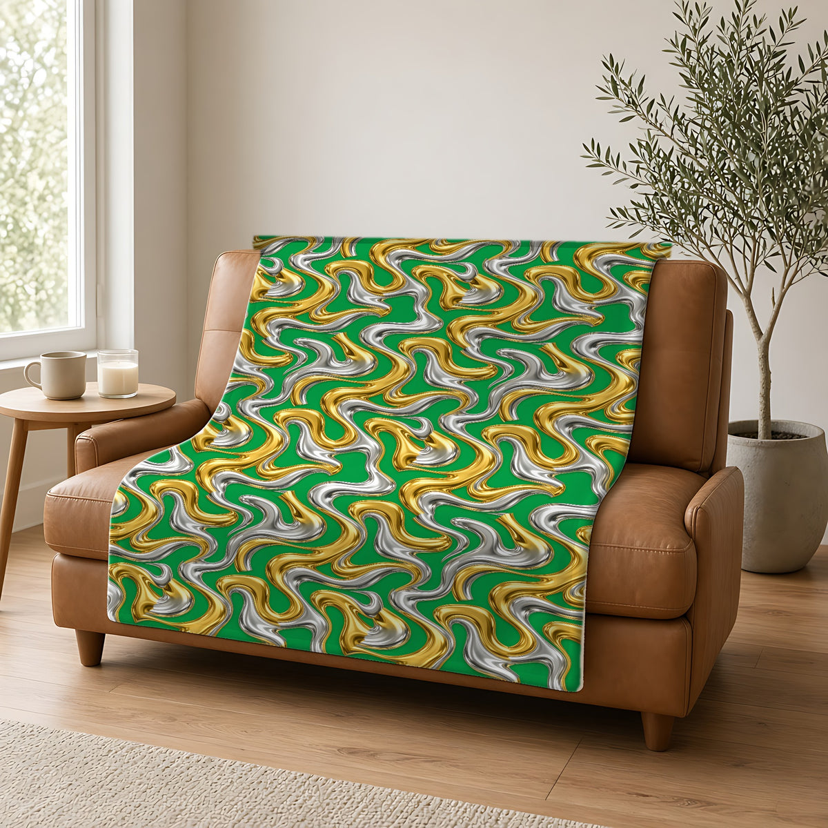 Broad Melting Gold Ribbons Sherpa Fleece Blanket draped over a caramel leather sofa