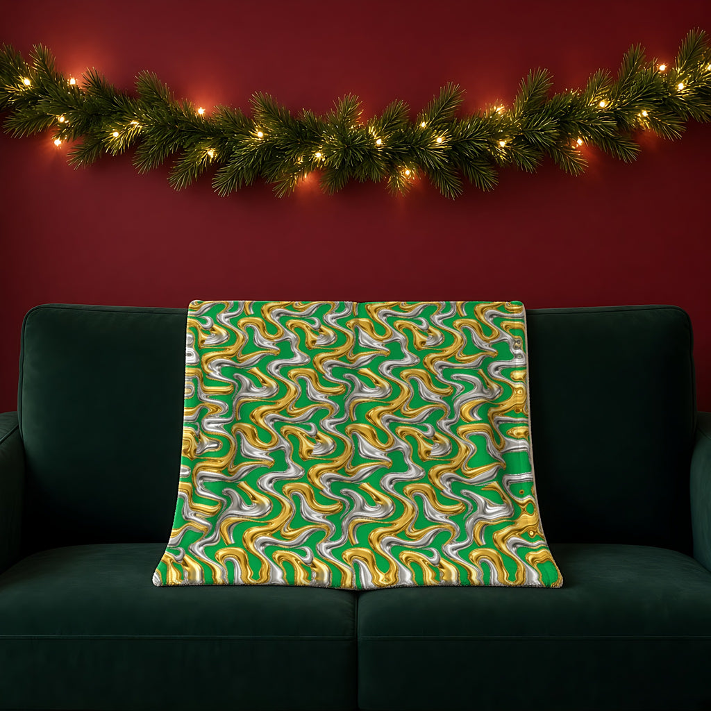 Broad Melting Gold Ribbons sherpa fleece blanket in the Christmas Jewel Bright palette, draped over a green sofa in a festive room with a garland and fairy lights