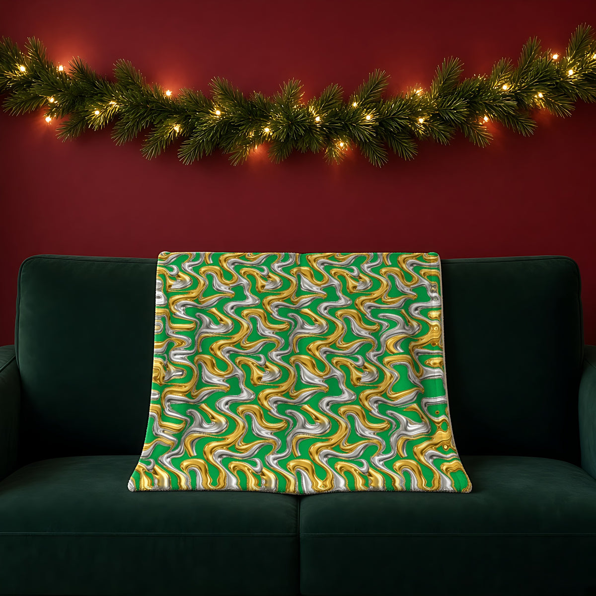 Broad Melting Gold Ribbons sherpa fleece blanket in the Christmas Jewel Bright palette, draped over a green sofa in a festive room with a garland and fairy lights