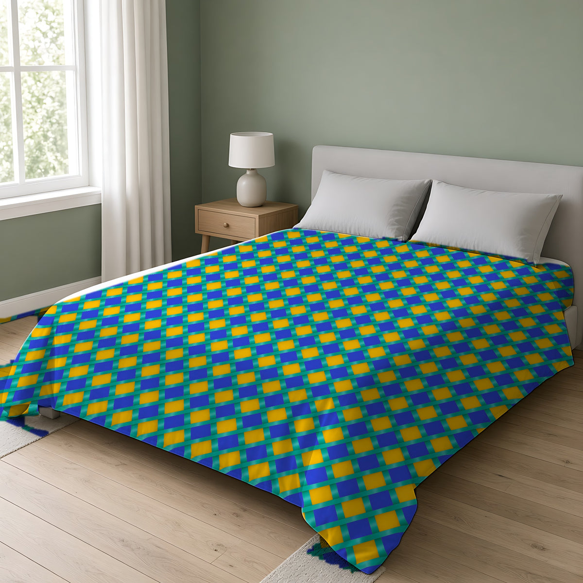 Broad Gold Diamond Trellis Cotton Duvet Cover on a double bed in a bright sage-green bedroom