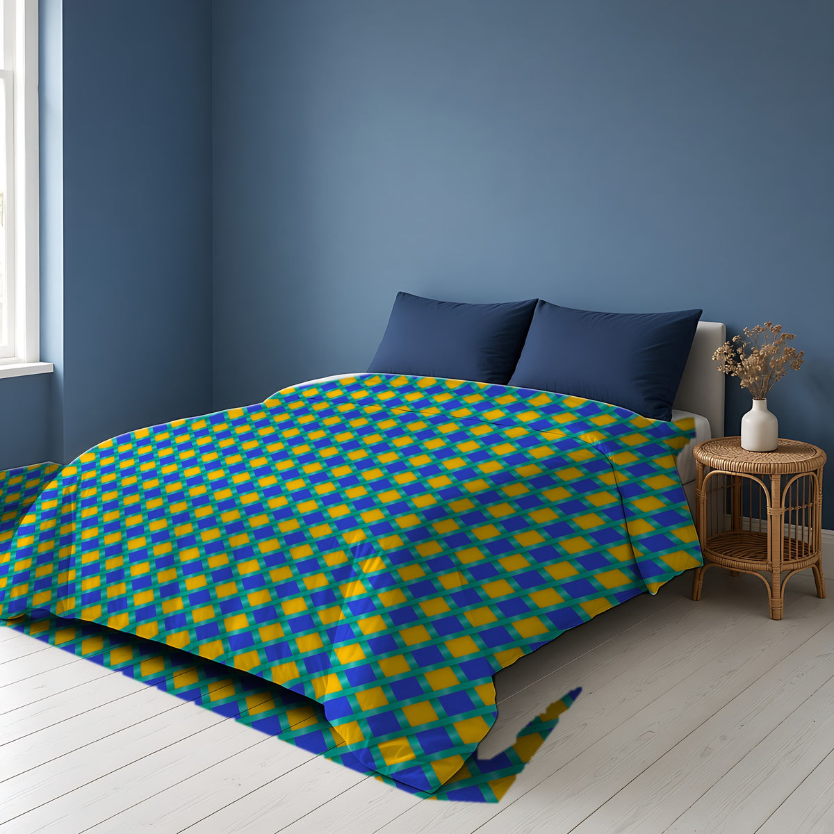 Broad Gold Diamond Trellis Cotton Duvet Cover on a bed in a Scandinavian blue bedroom