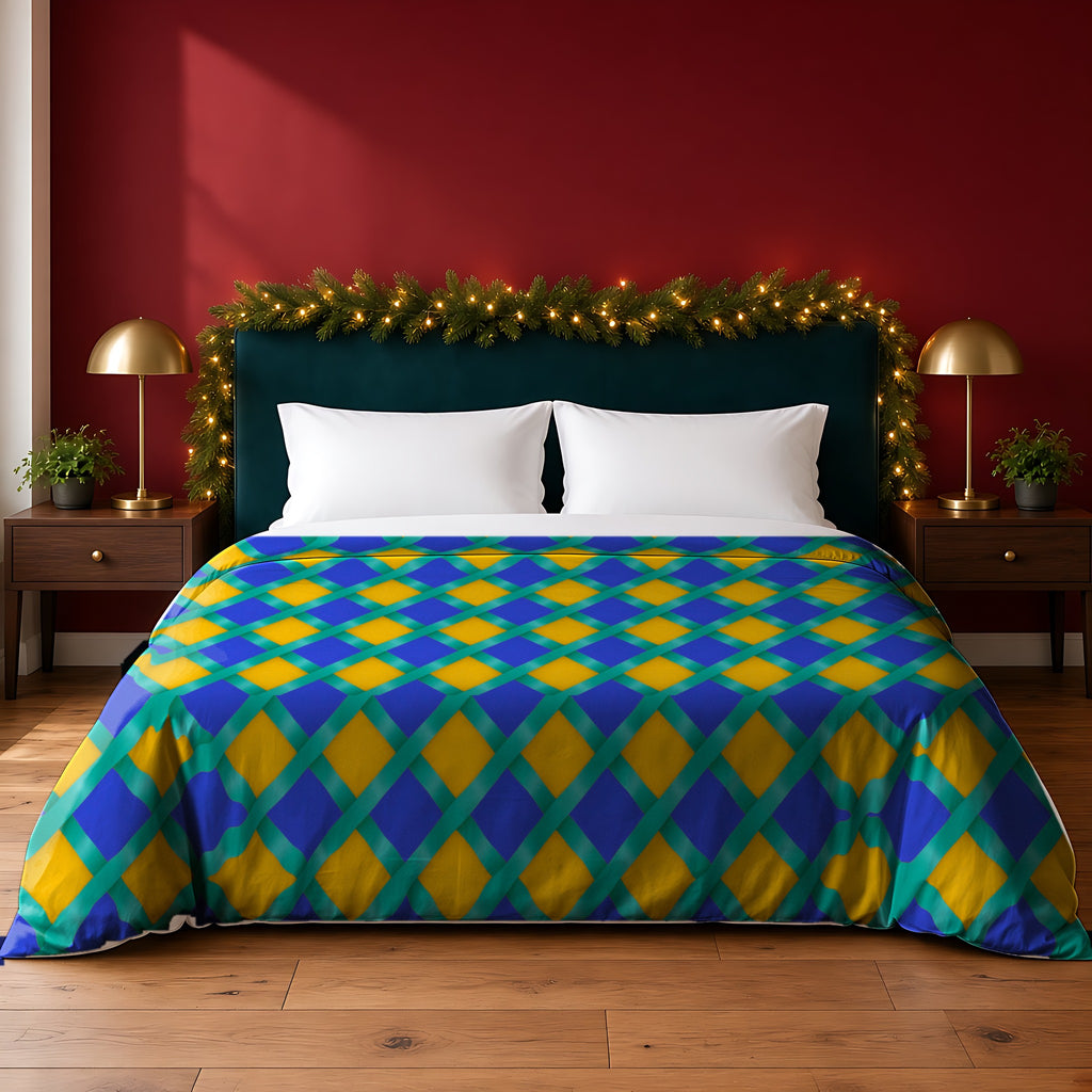 Broad Gold Diamond Trellis Cotton Duvet Cover in the Peacock Jewel palette, on a bed with a green headboard in a festive bedroom with pine garland and fairy lights
