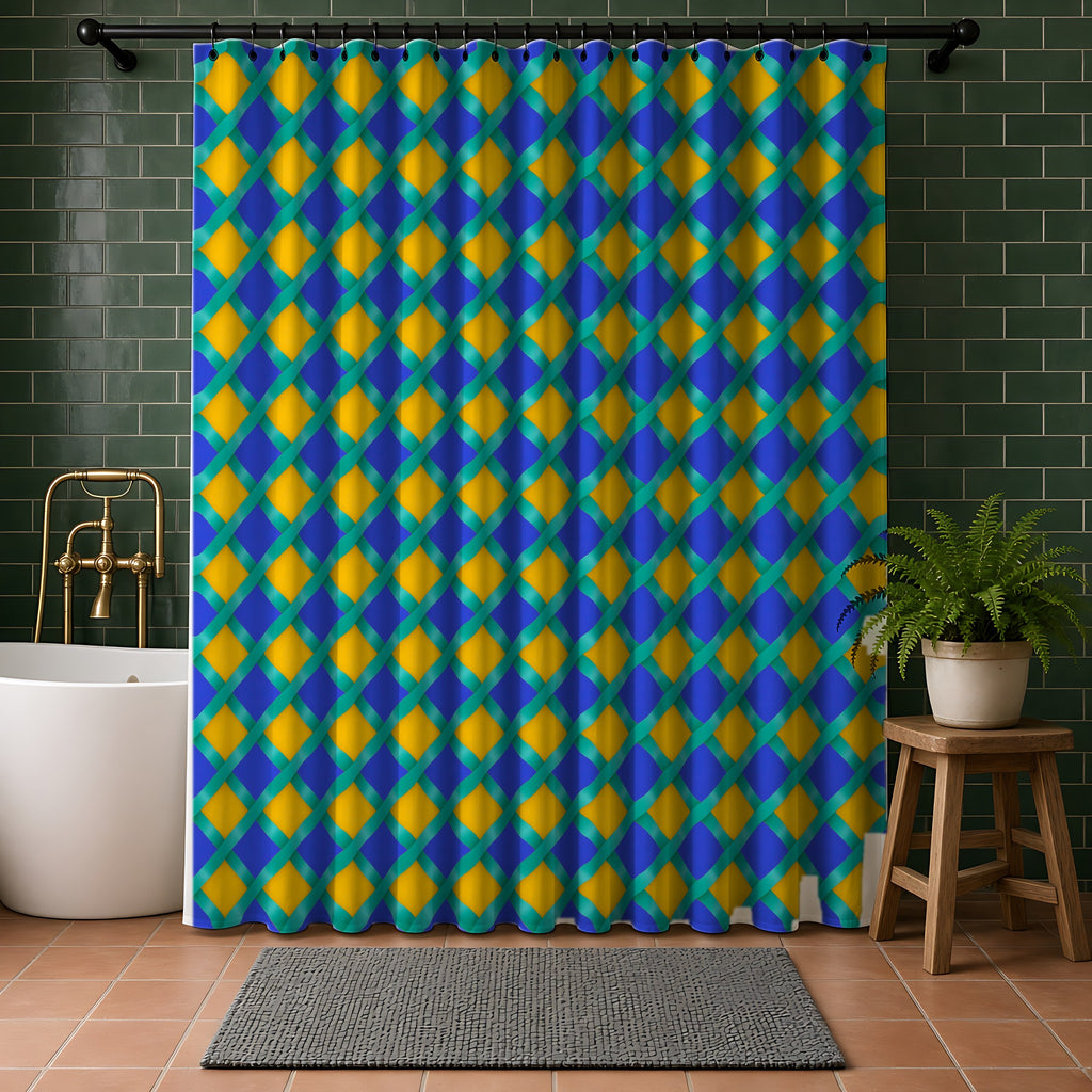 Broad Gold Diamond Trellis Shower Curtain in a bathroom with dark green tiles