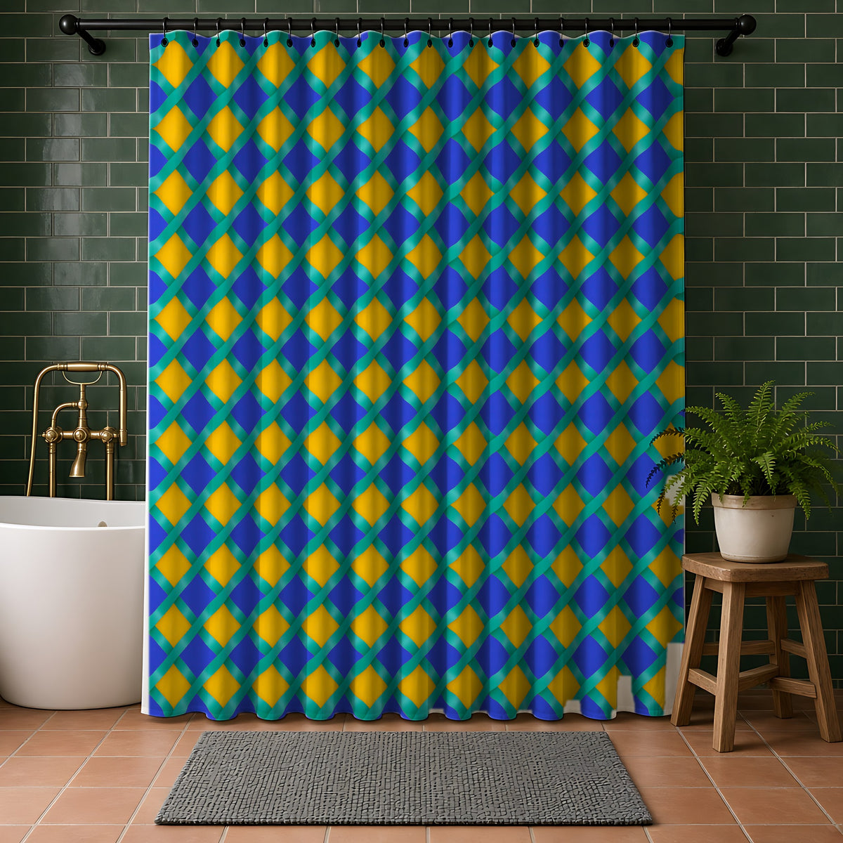 Broad Gold Diamond Trellis Shower Curtain in a bathroom with dark green tiles