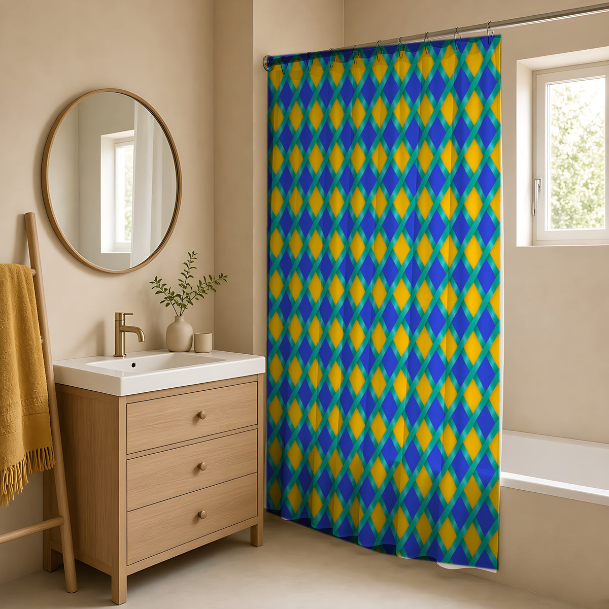 Broad Gold Diamond Trellis Shower Curtain in a warm neutral bathroom with an oak vanity