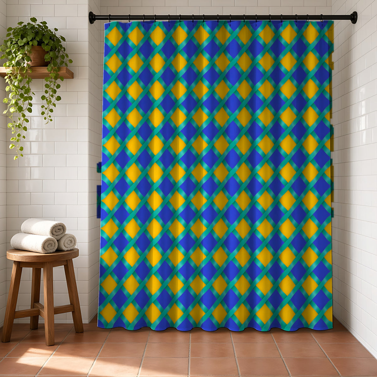 Broad Gold Diamond Trellis Shower Curtain in a bright bathroom with white tiles and a terracotta floor