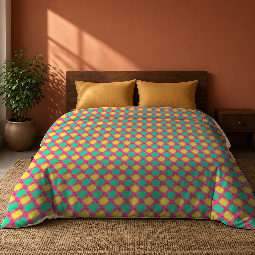 Broad Gold Diamond Trellis Comforter on a king bed against a warm terracotta wall