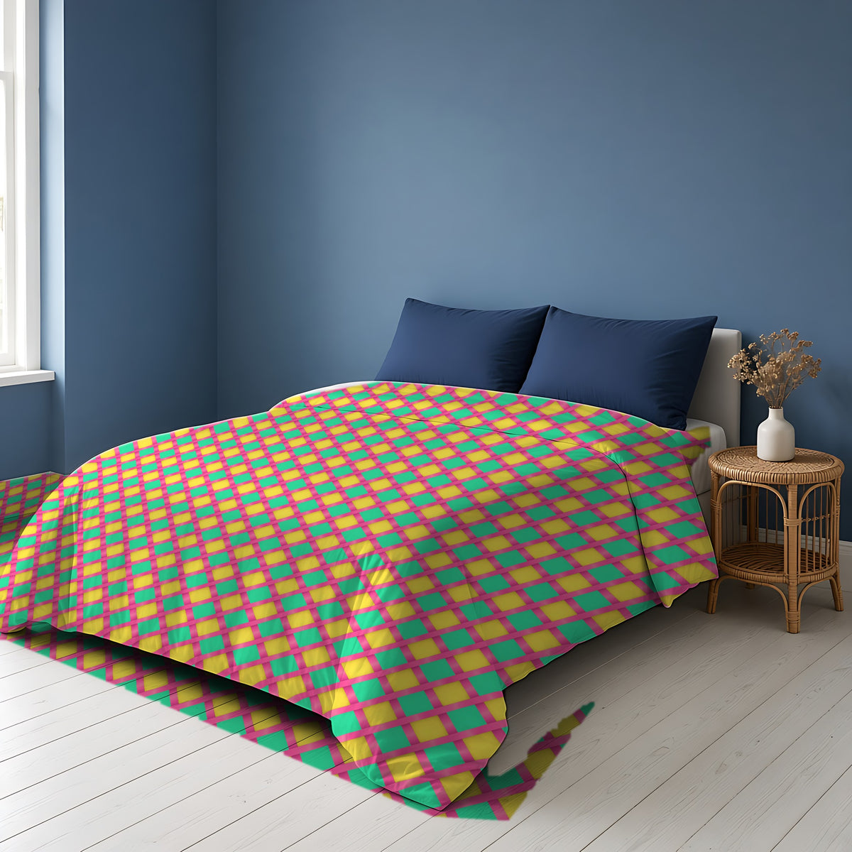 Broad Gold Diamond Trellis Comforter on a bed in a Scandinavian blue bedroom