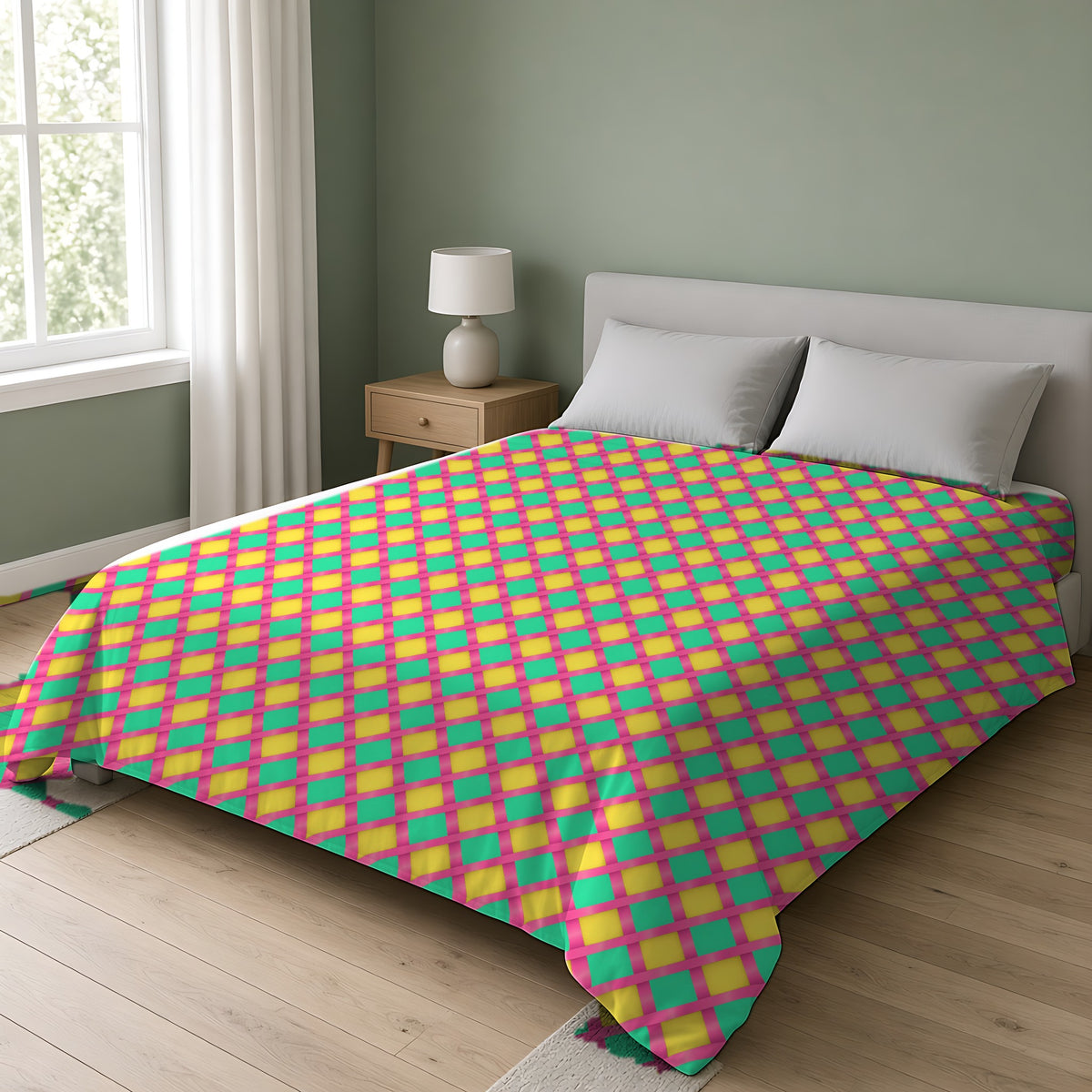 Broad Gold Diamond Trellis Comforter on a double bed in a bright sage-green bedroom