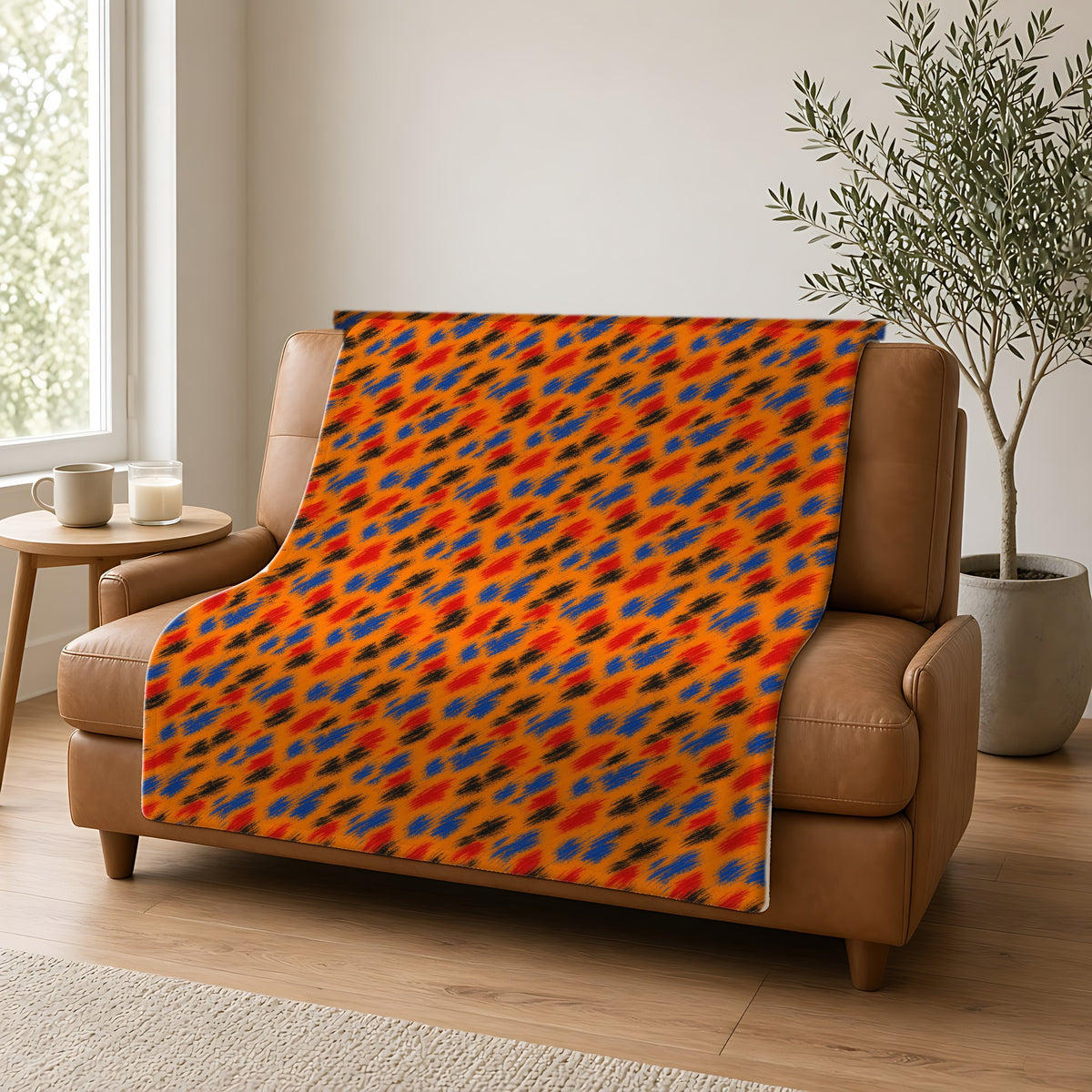 Dry-Brush Drags Sherpa Fleece Blanket draped over a caramel leather sofa