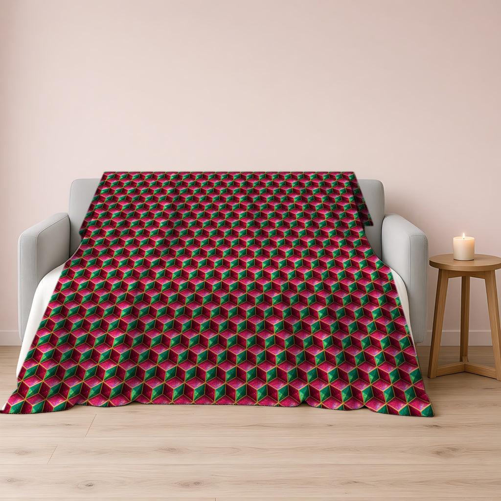 Faceted Cube Illusion Sherpa Fleece Blanket draped over a grey sofa