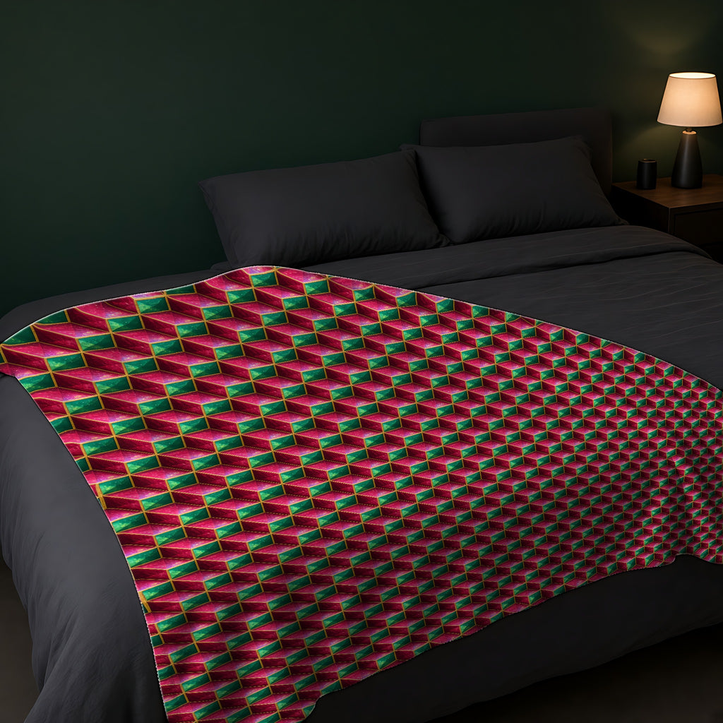 Faceted Cube Illusion Sherpa Fleece Blanket across the foot of a dark bed