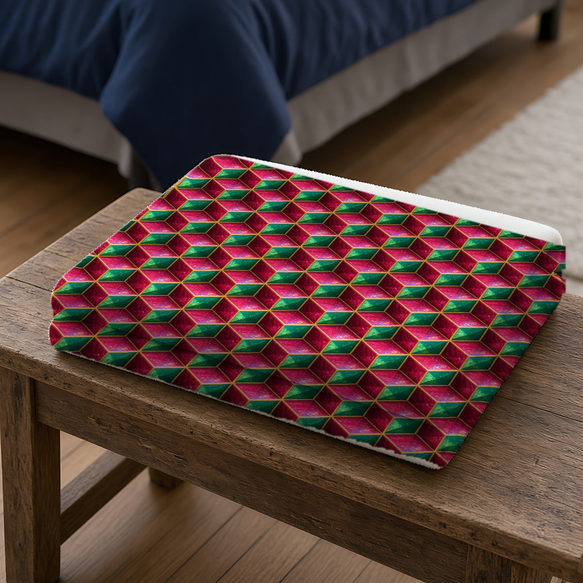 Faceted Cube Illusion Sherpa Fleece Blanket folded on a wooden bench