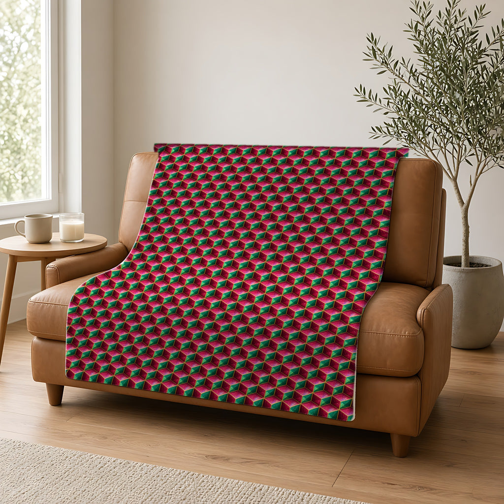 Faceted Cube Illusion Sherpa Fleece Blanket draped over a caramel leather sofa
