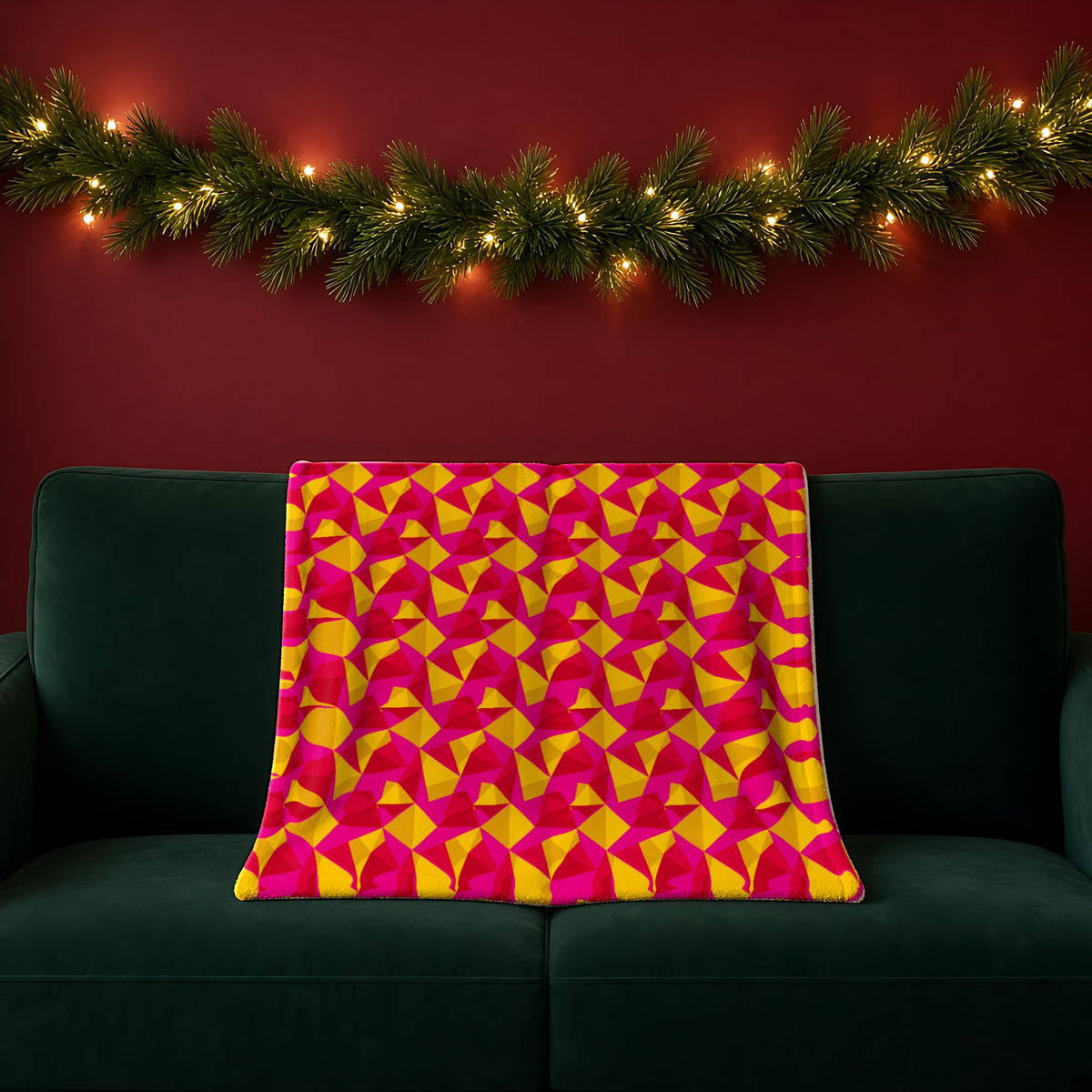Faceted Gold Panels sherpa fleece blanket in the Festive Jewel Bright palette, draped over a green sofa in a festive room with a garland and fairy lights
