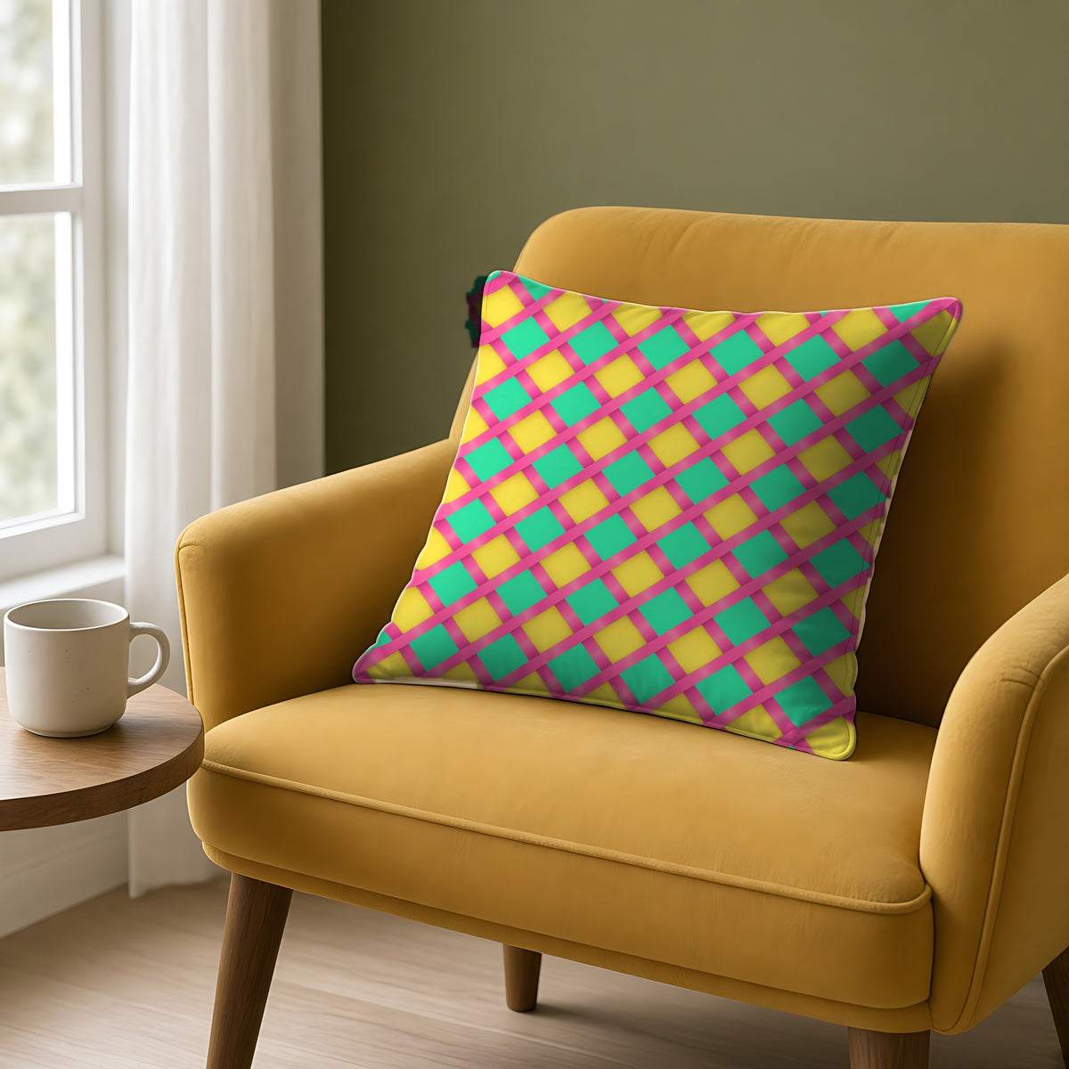 Broad Gold Diamond Trellis Faux Suede Cushion on a mustard armchair by a window