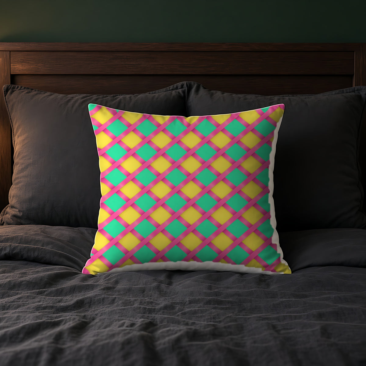 Broad Gold Diamond Trellis Faux Suede Cushion on a bed with charcoal bedding