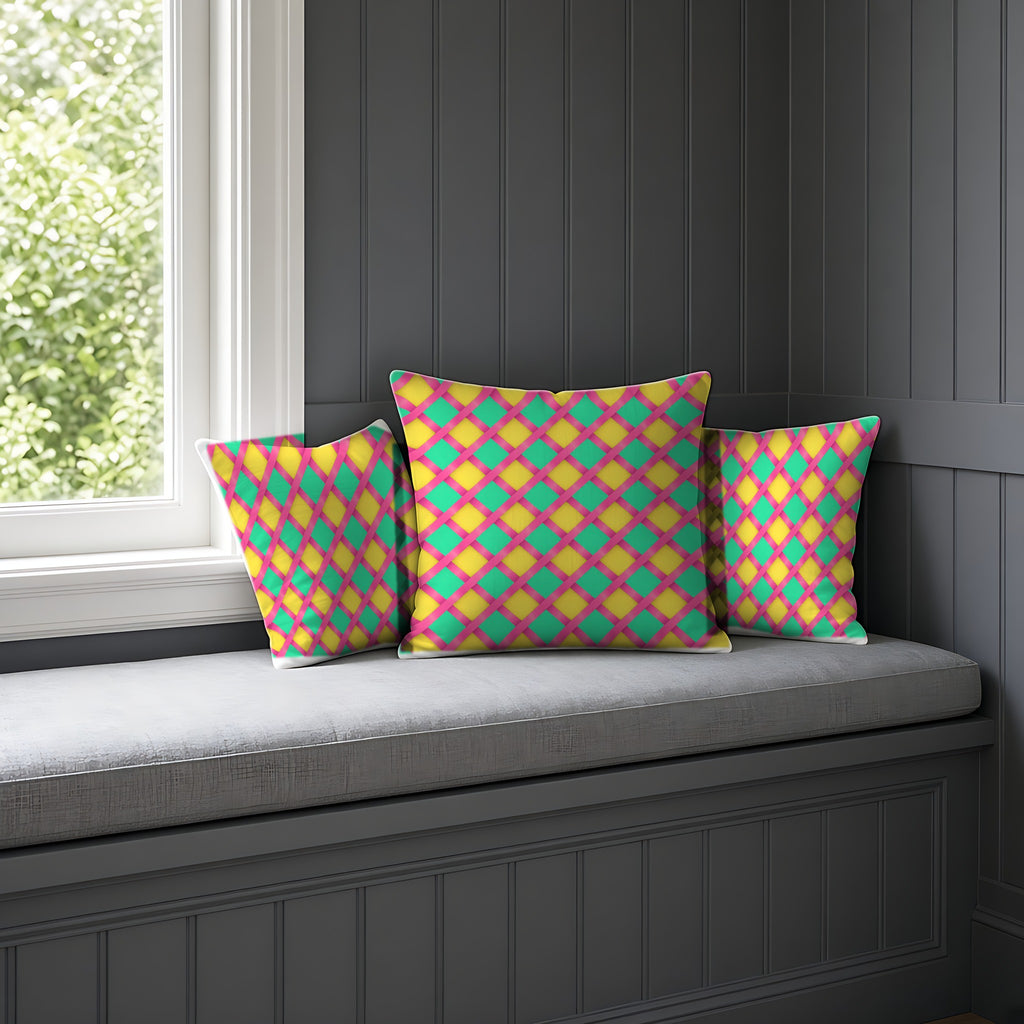 Broad Gold Diamond Trellis Faux Suede Cushion on a window seat