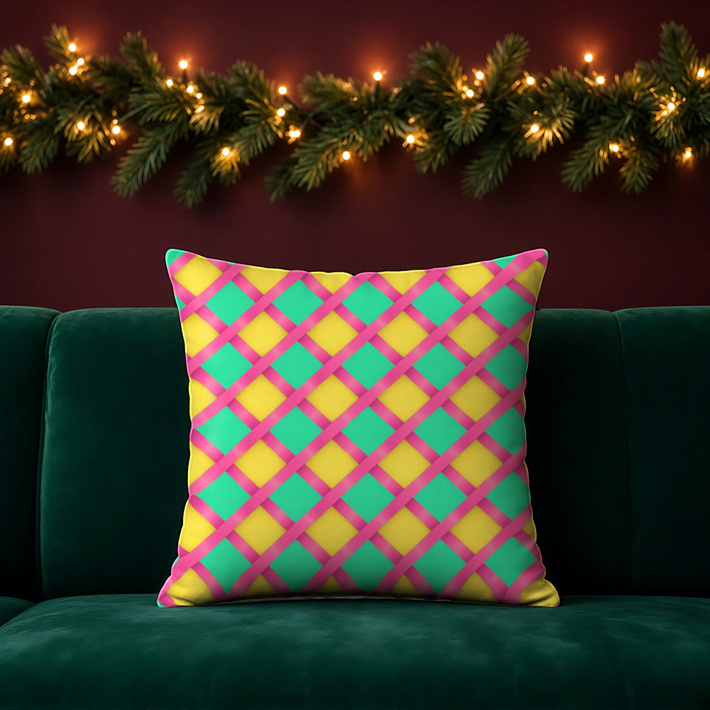 Broad Gold Diamond Trellis Faux Suede Cushion in the Candy Christmas palette, on an emerald sofa in a festive room with a garland and fairy lights