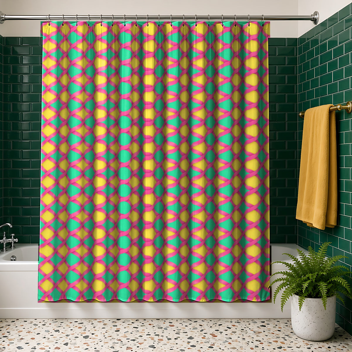 Broad Gold Diamond Trellis Shower Curtain in the Candy Christmas palette, hanging in a bathroom with emerald tiles