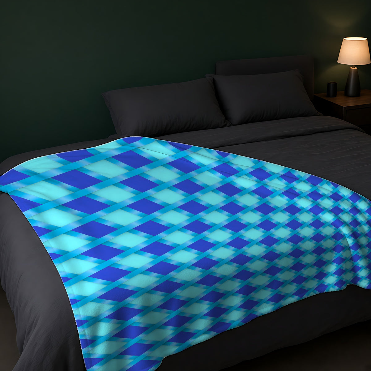Broad Diamond Trellis Sherpa Fleece Blanket across the foot of a dark bed