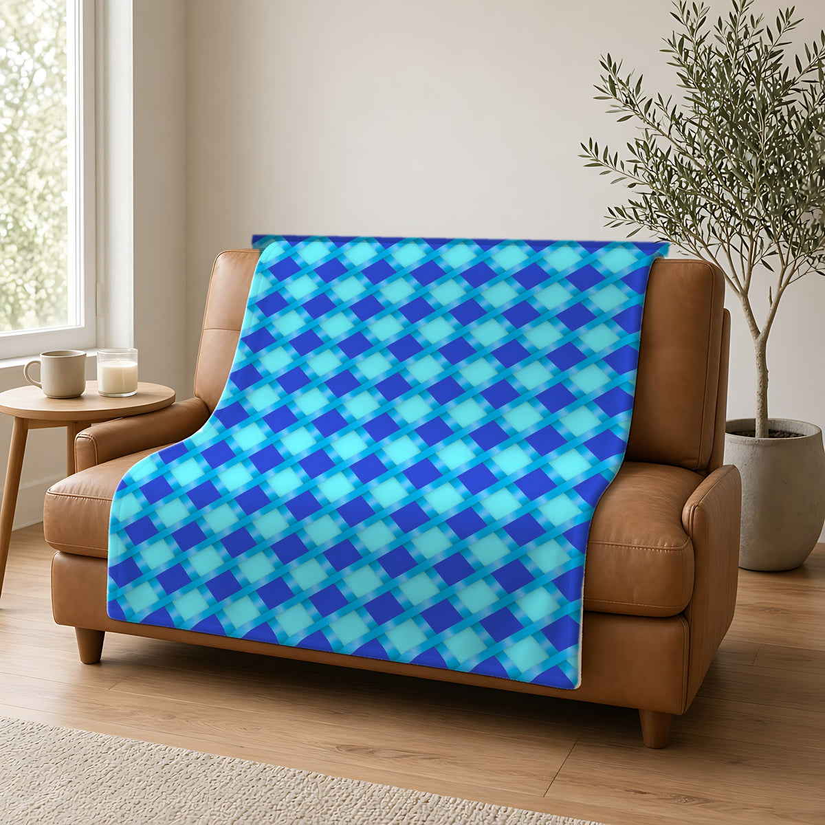 Broad Diamond Trellis Sherpa Fleece Blanket draped over a caramel leather sofa