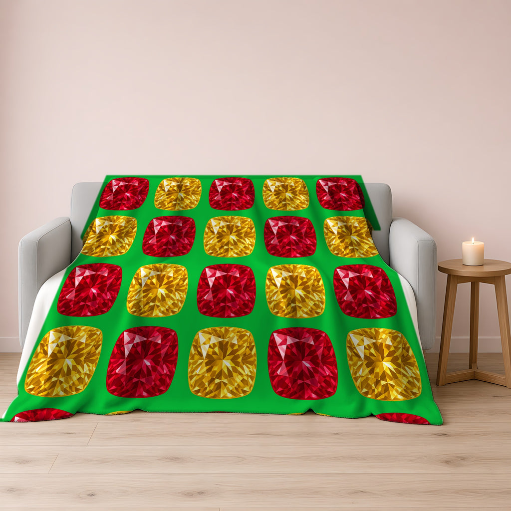 Giant Cut Gem Grid Sherpa Fleece Blanket draped over a grey sofa