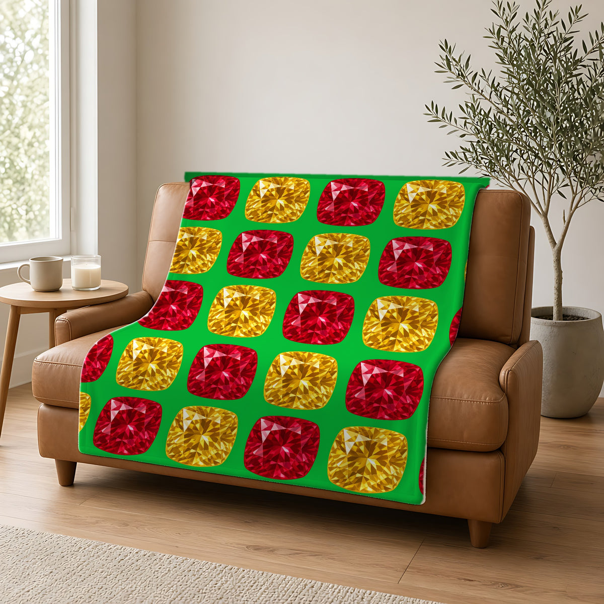 Giant Cut Gem Grid Sherpa Fleece Blanket draped over a caramel leather sofa