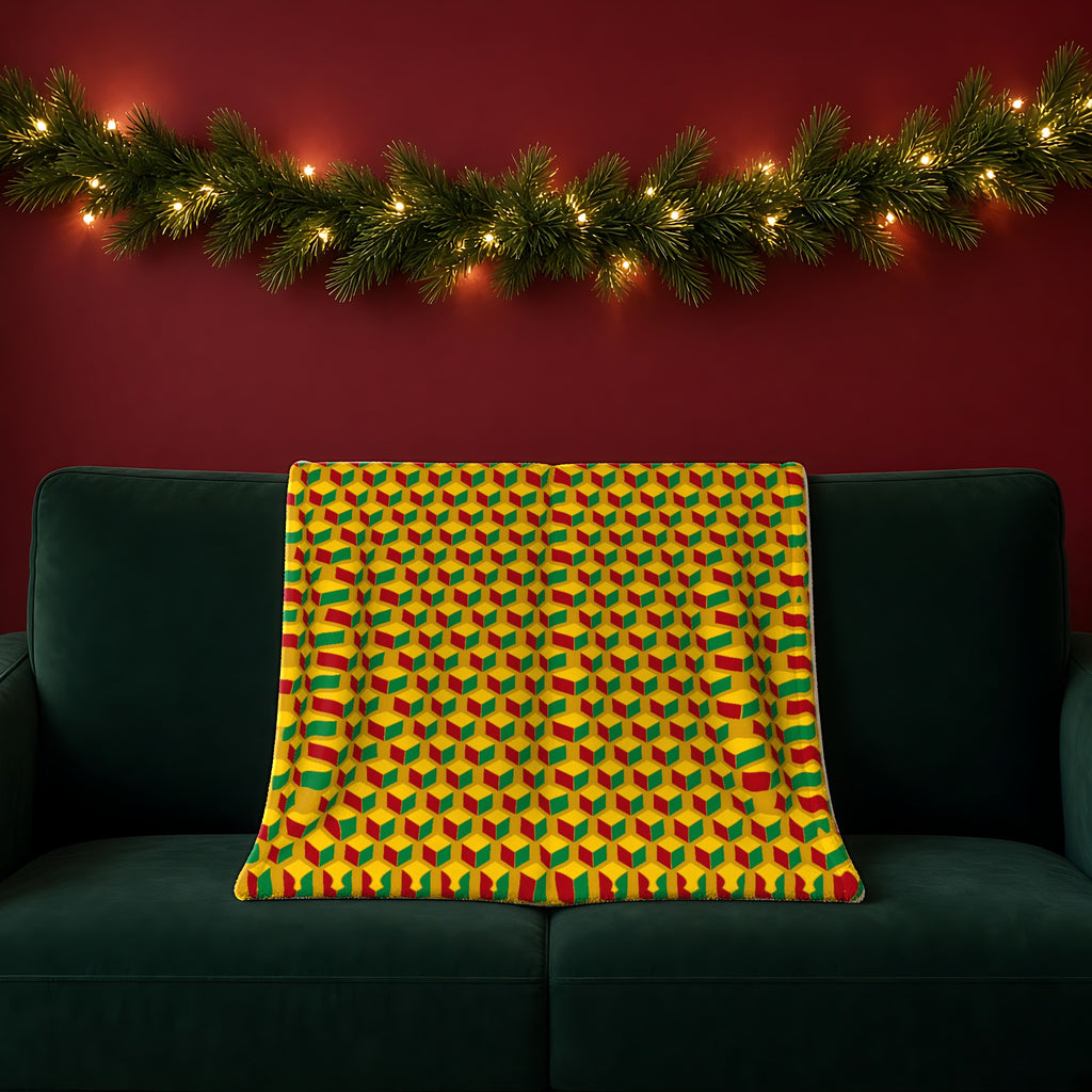 Giant Faceted Cubes II sherpa fleece blanket in the Christmas Jewel Bright palette, draped over a green sofa in a festive room with a garland and fairy lights
