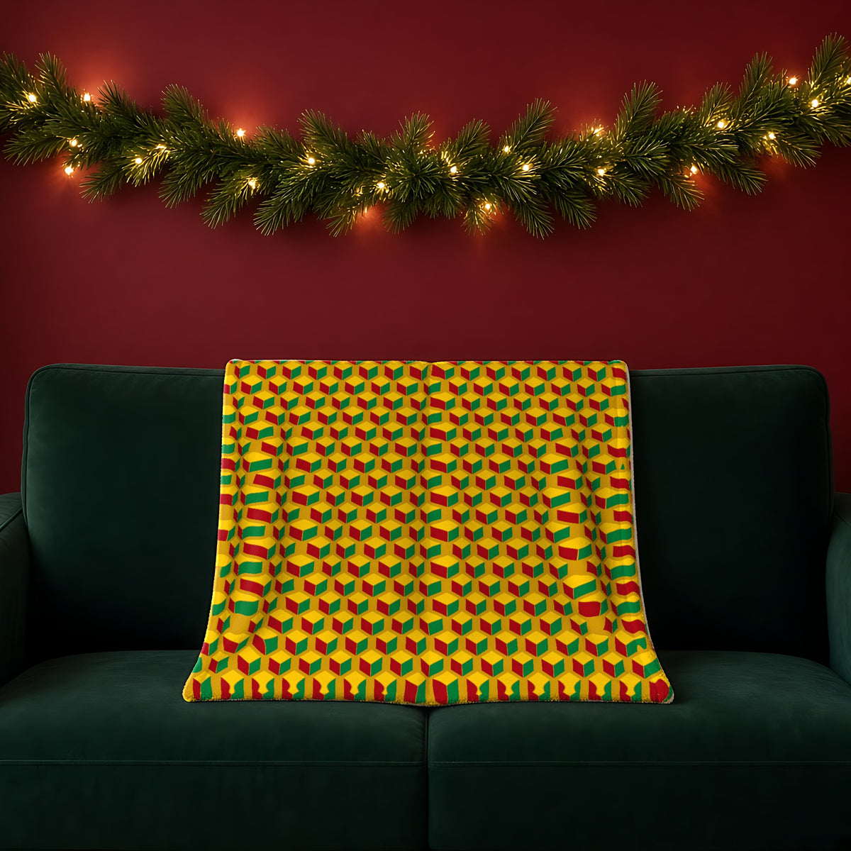 Giant Faceted Cubes II sherpa fleece blanket in the Christmas Jewel Bright palette, draped over a green sofa in a festive room with a garland and fairy lights