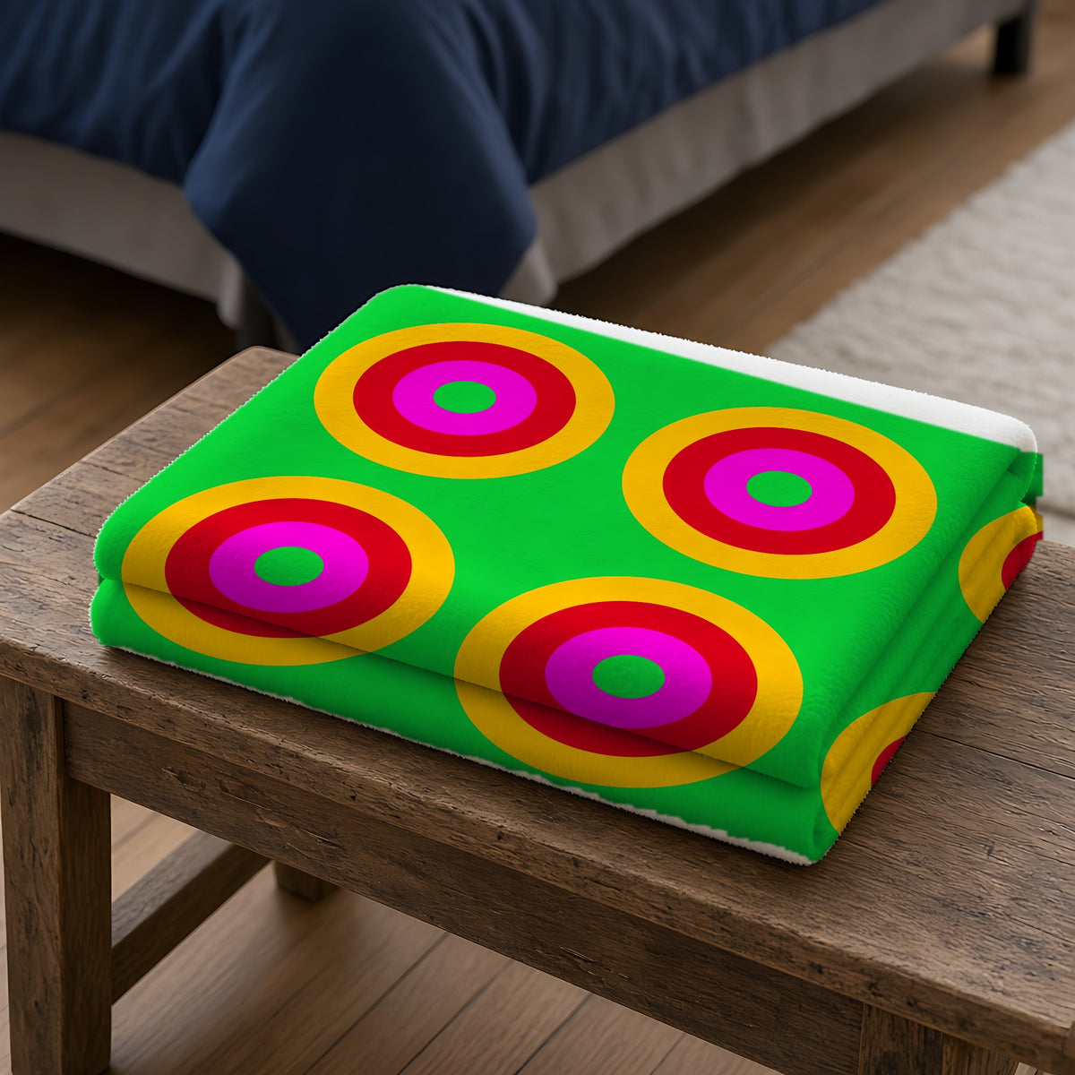 Giant Op-Art Jewel Rings Sherpa Fleece Blanket folded on a wooden bench