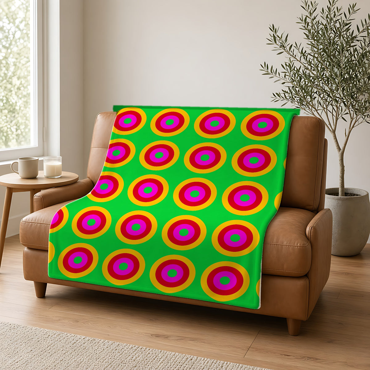 Giant Op-Art Jewel Rings Sherpa Fleece Blanket draped over a caramel leather sofa
