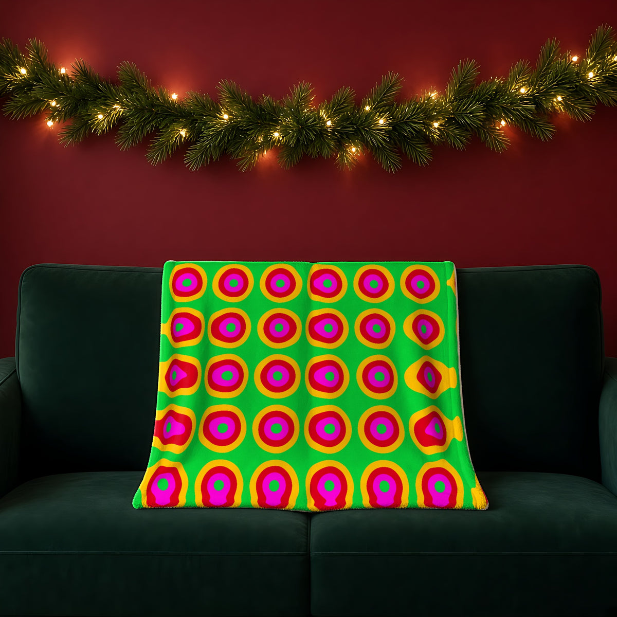 Giant Op-Art Jewel Rings sherpa fleece blanket in the Christmas Jewel Bright palette, draped over a green sofa in a festive room with a garland and fairy lights