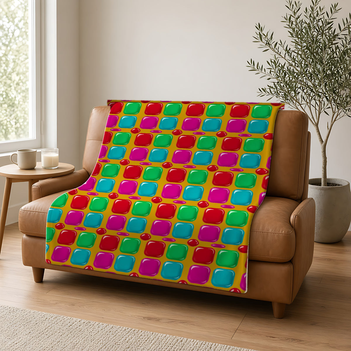 Giant Puffy Glass Cushions Sherpa Fleece Blanket draped over a caramel leather sofa