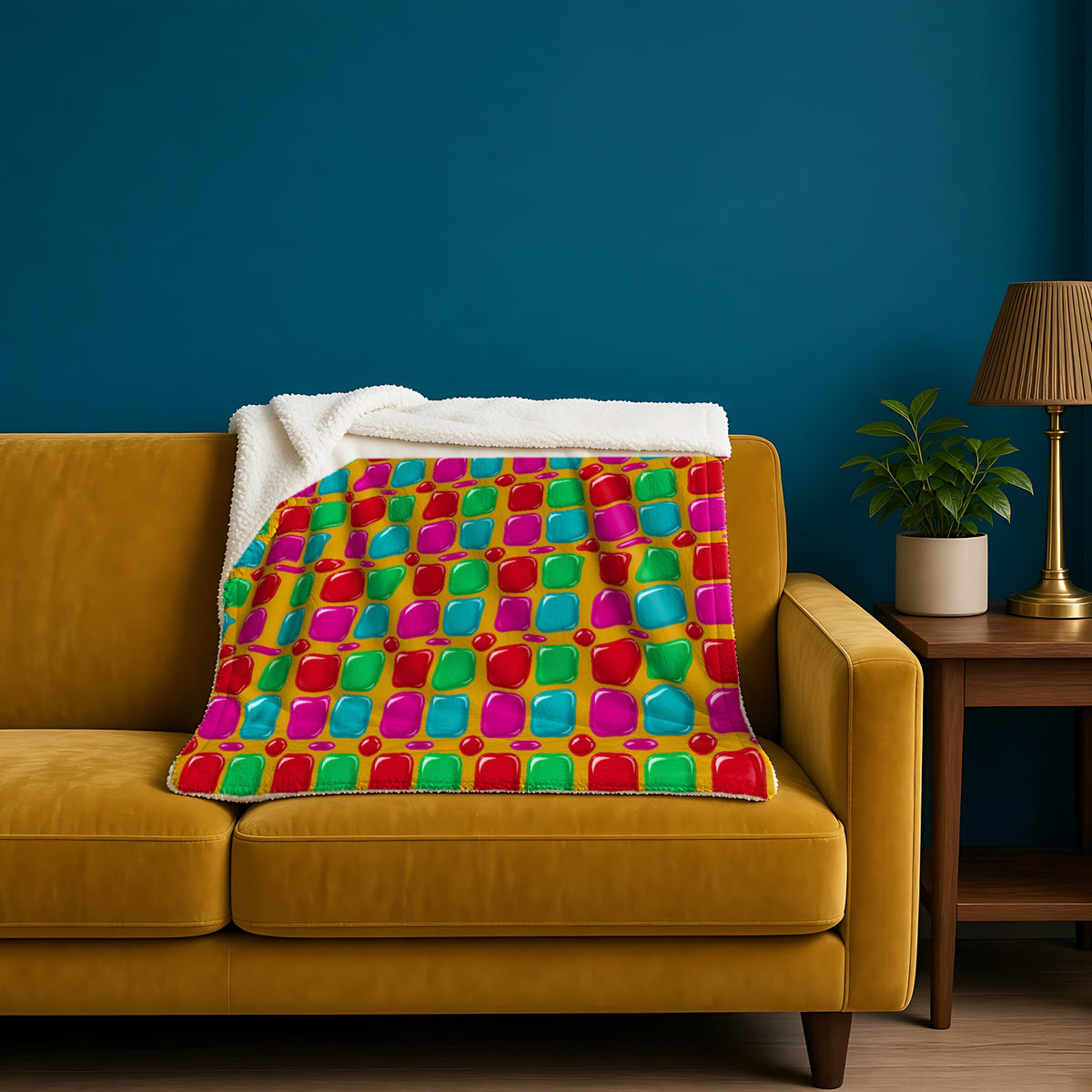 Giant Puffy Glass Cushions sherpa fleece blanket in the Christmas Jewel Bright palette, draped over a mustard sofa against a deep-teal wall