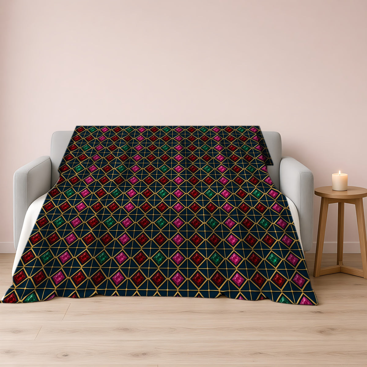 Gold Diamond Trellis Sherpa Fleece Blanket draped over a grey sofa