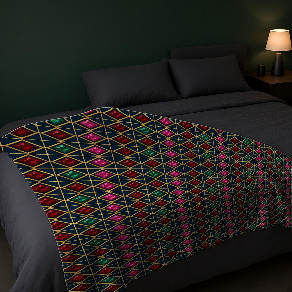 Gold Diamond Trellis Sherpa Fleece Blanket across the foot of a dark bed