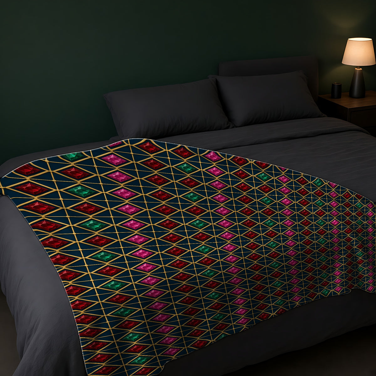 Gold Diamond Trellis Sherpa Fleece Blanket across the foot of a dark bed