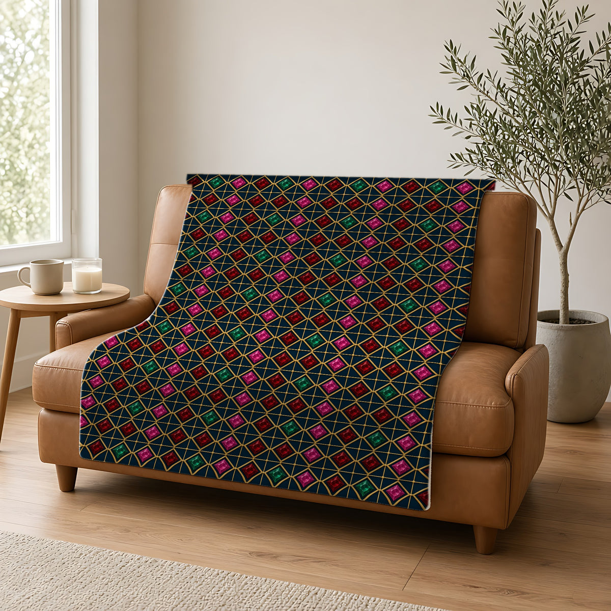 Gold Diamond Trellis Sherpa Fleece Blanket draped over a caramel leather sofa