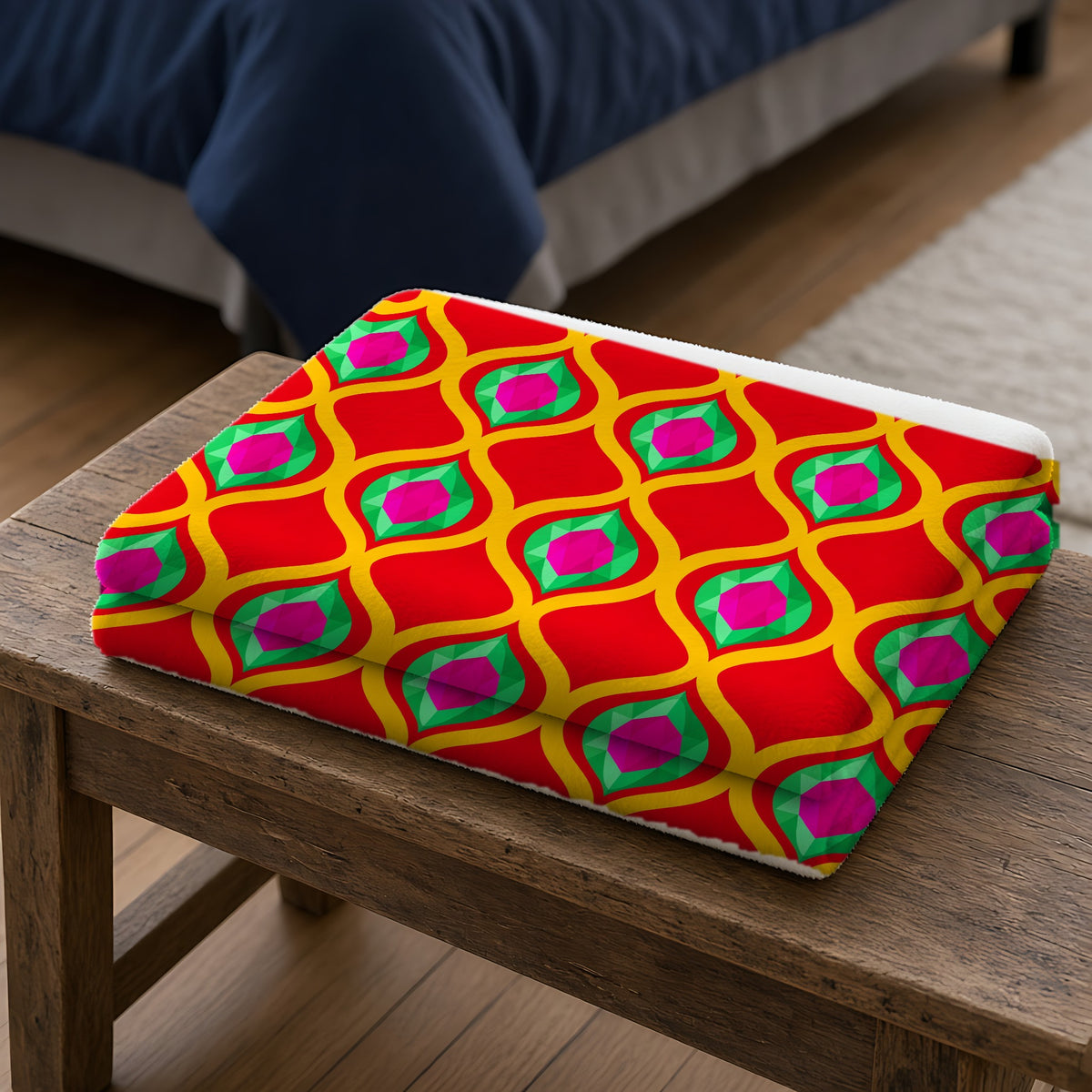 Grand Gold Ogee Lattice II Sherpa Fleece Blanket folded on a wooden bench