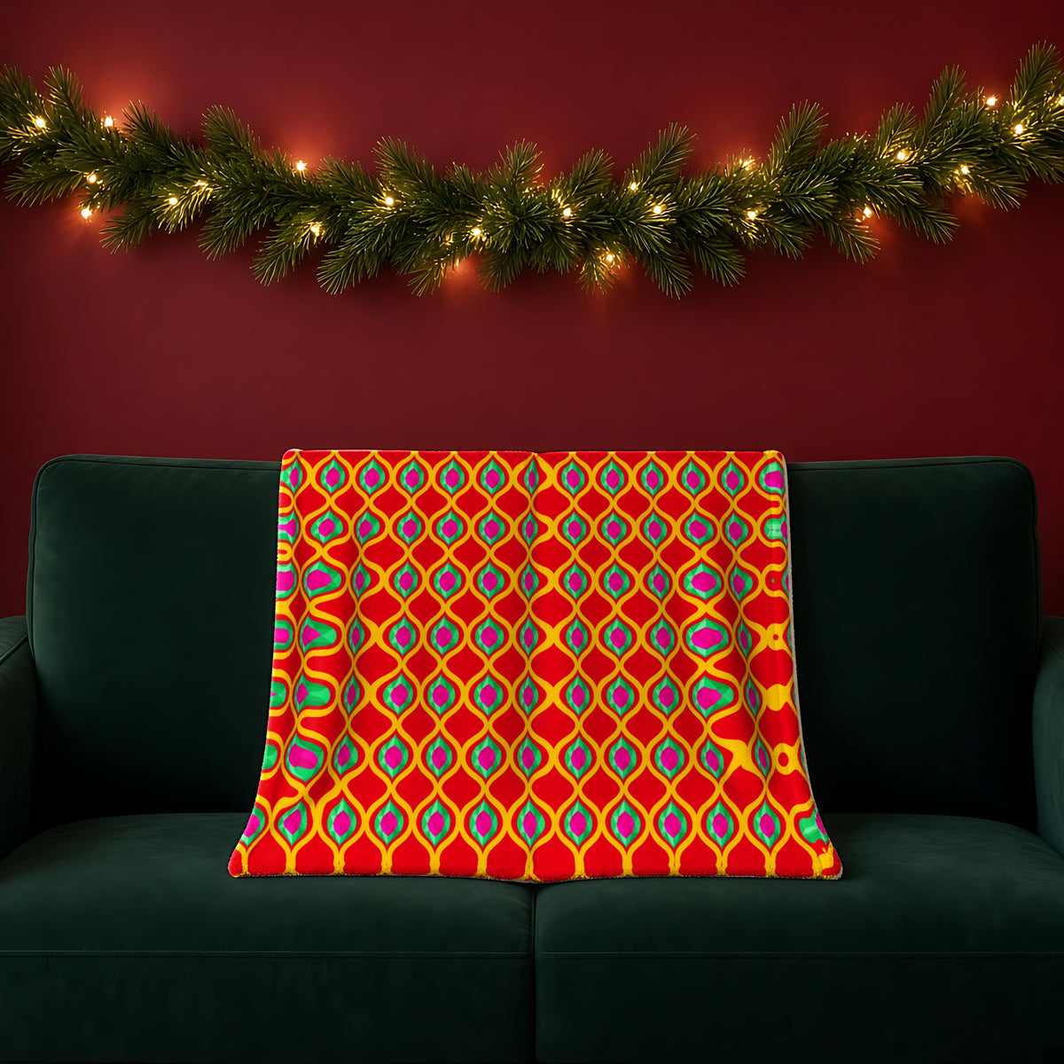 Grand Gold Ogee Lattice II sherpa fleece blanket in the Christmas Jewel Bright palette, draped over a green sofa in a festive room with a garland and fairy lights