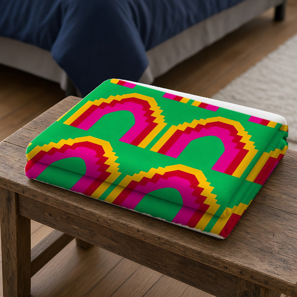 Grand Stepped Arches Sherpa Fleece Blanket folded on a wooden bench