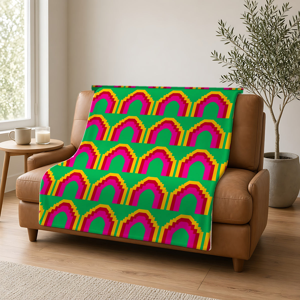 Grand Stepped Arches Sherpa Fleece Blanket draped over a caramel leather sofa